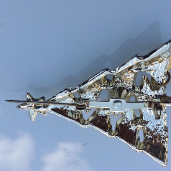 Gold Christmas Tree Pin Brooch with Green & Red Aurora Borealis Crystals - Picture 12 of 14